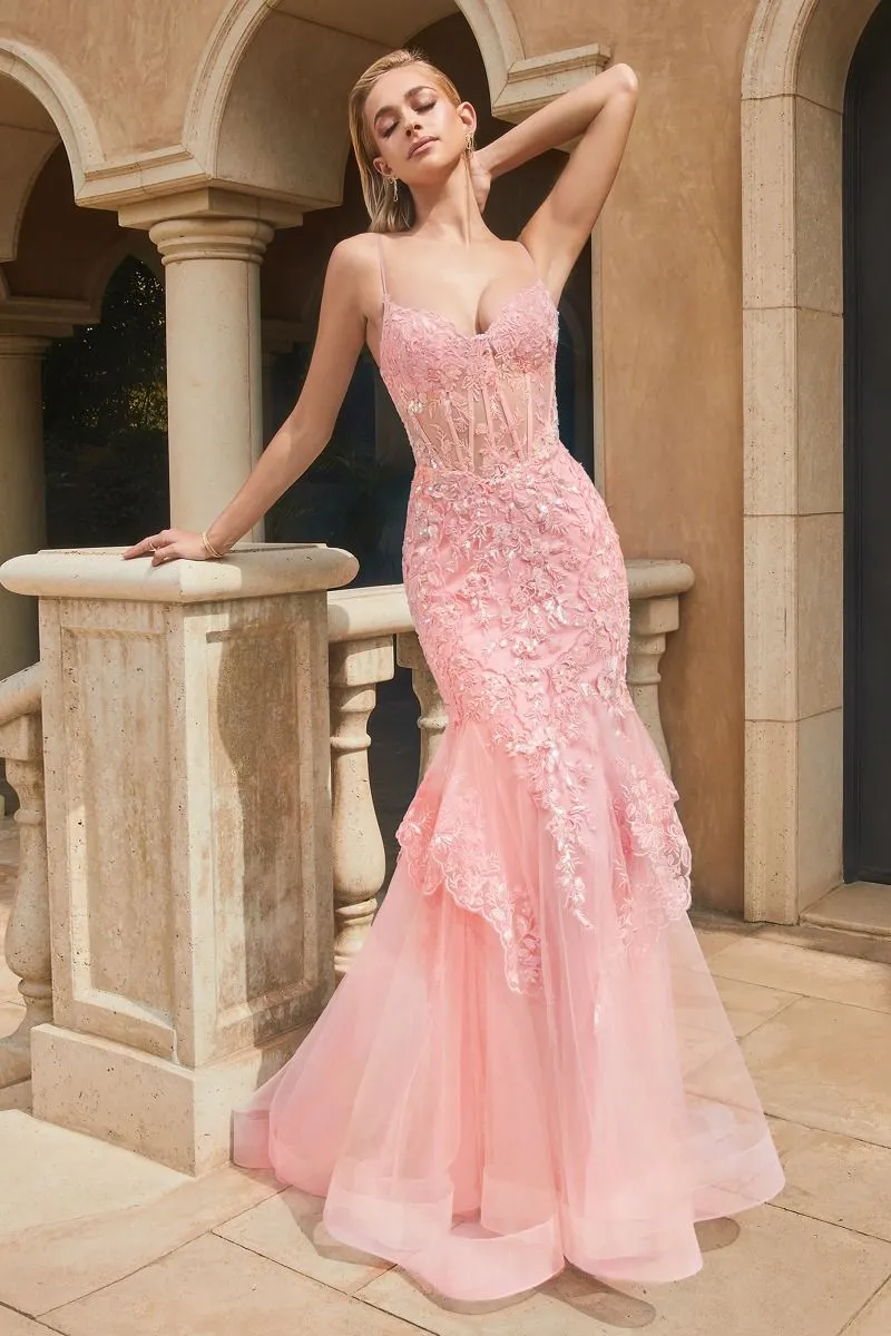 CD 9316 - Bead & Lace Embellished Fit & Flare Prom Gown with Sheer Boned Corset Bodice Lace Up Corset Back & Layered Lace Hem