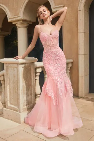 CD 9316 - Bead & Lace Embellished Fit & Flare Prom Gown with Sheer Boned Corset Bodice Lace Up Corset Back & Layered Lace Hem