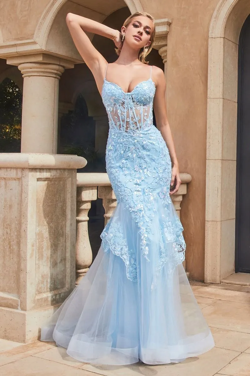 CD 9316 - Bead & Lace Embellished Fit & Flare Prom Gown with Sheer Boned Corset Bodice Lace Up Corset Back & Layered Lace Hem