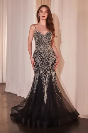 CD 9317 - Bead Embellished Tulle Mermaid Prom Gown with V-Neck & Layered Tulle Skirt