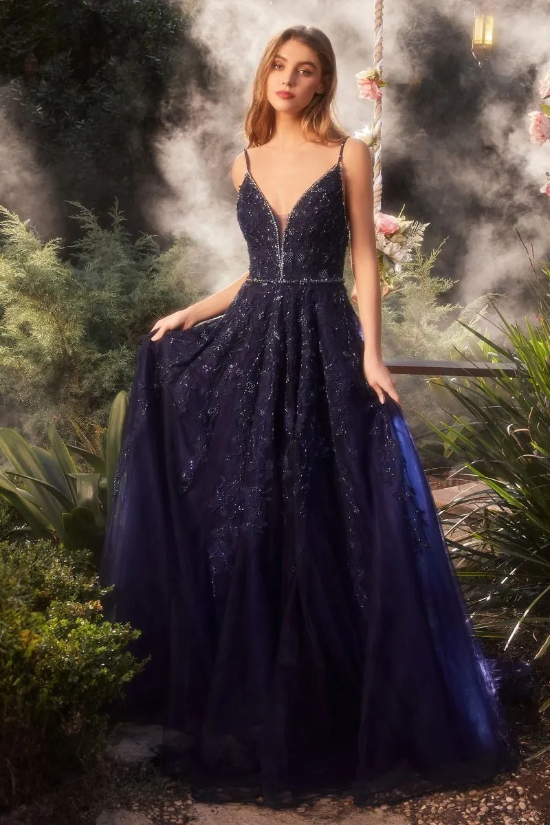CD A1251 - Bead & Applique A-Line Prom Gown with Plunging V-Neck & Crystal Belt