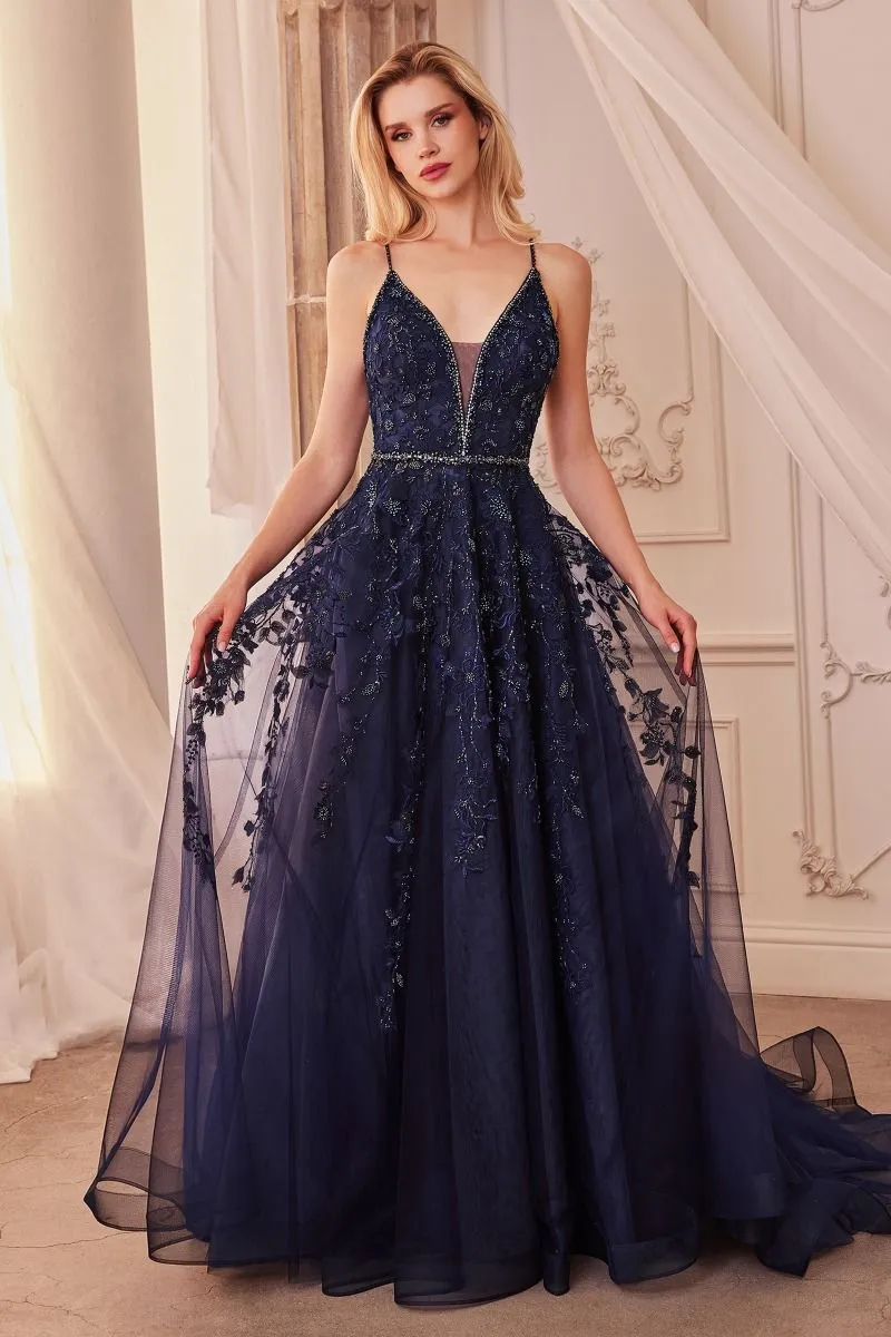 CD A1251 - Bead & Applique A-Line Prom Gown with Plunging V-Neck & Crystal Belt