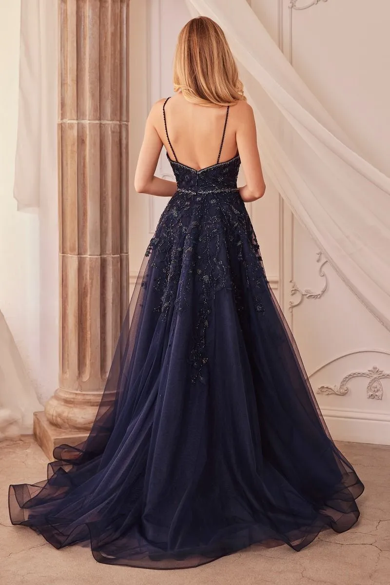 CD A1251 - Bead & Applique A-Line Prom Gown with Plunging V-Neck & Crystal Belt