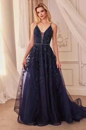 CD A1251 - Bead & Applique A-Line Prom Gown with Plunging V-Neck & Crystal Belt