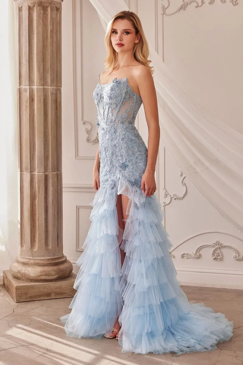 CD A1255 - Strapless Lace Embellished Mermaid Gown with Sheer Structured Bodice Layered Ruffled Skirt & Leg Slit