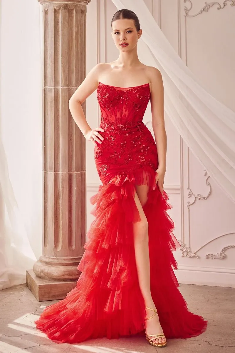 CD A1255 - Strapless Lace Embellished Mermaid Gown with Sheer Structured Bodice Layered Ruffled Skirt & Leg Slit