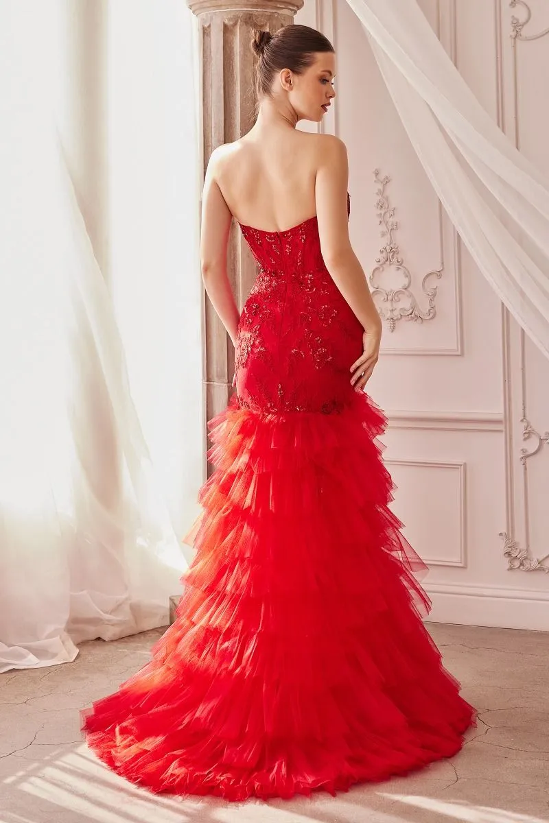 CD A1255 - Strapless Lace Embellished Mermaid Gown with Sheer Structured Bodice Layered Ruffled Skirt & Leg Slit