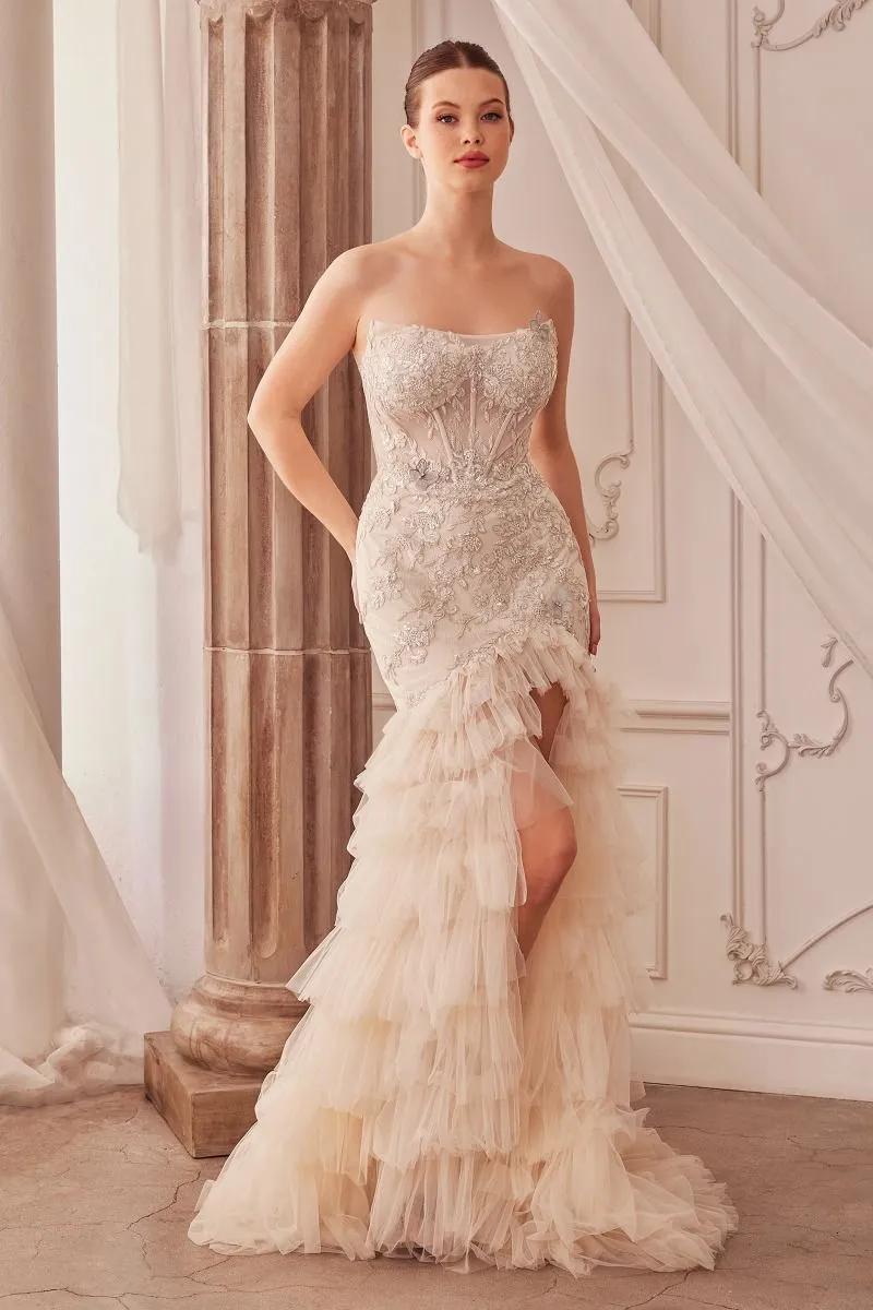 CD A1255 - Strapless Lace Embellished Mermaid Gown with Sheer Structured Bodice Layered Ruffled Skirt & Leg Slit