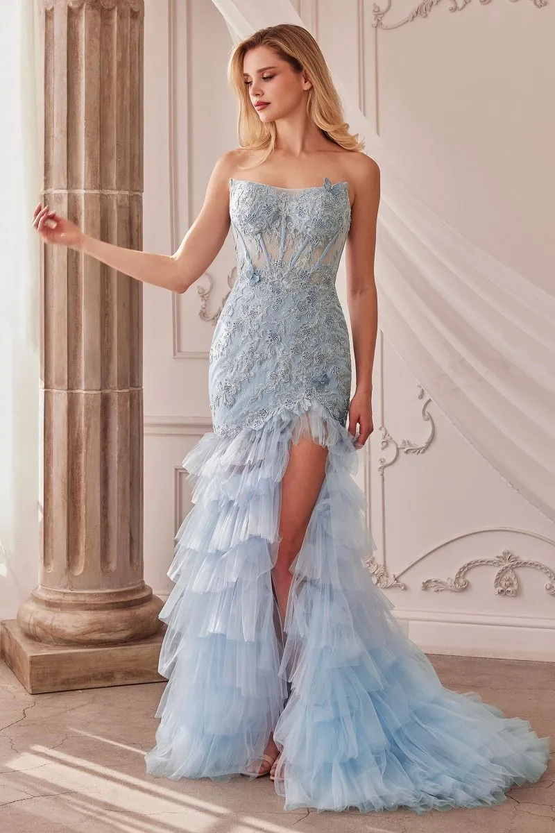 CD A1255 - Strapless Lace Embellished Mermaid Gown with Sheer Structured Bodice Layered Ruffled Skirt & Leg Slit