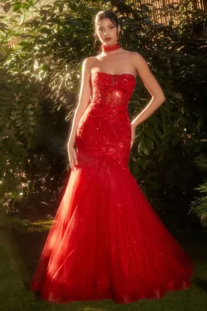 CD A1345 - Beaded Strapless Mermaid Prom Gown with Layered Glitter Tulle Skirt & Open Lace Up Back
