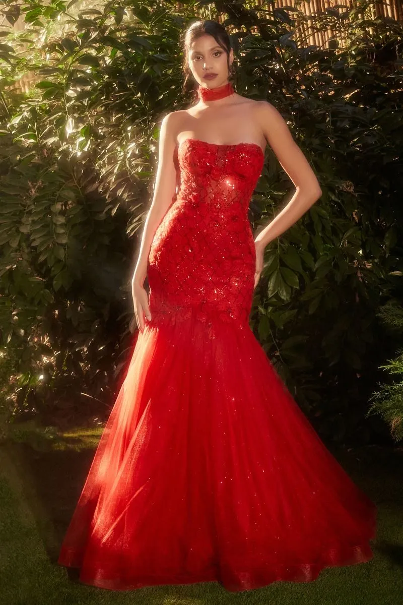 CD A1345 - Beaded Strapless Mermaid Prom Gown with Layered Glitter Tulle Skirt & Open Lace Up Back