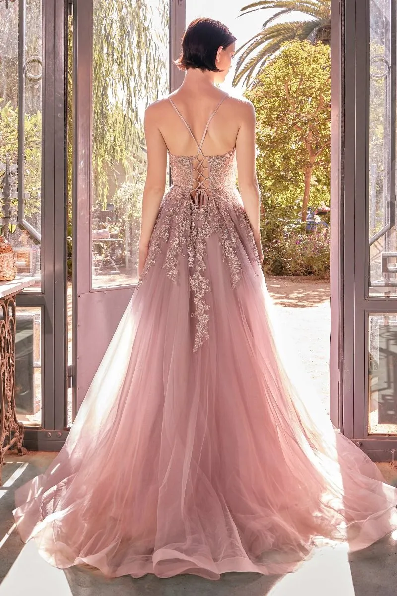 CD A1416 - Layered Tulle A-Line Prom Gown with Boned Embellished Lace Bodice & Lace-up Corset