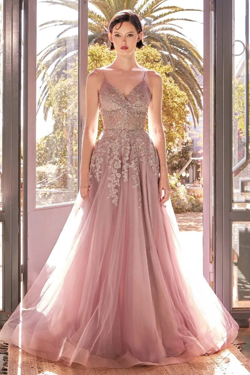 CD A1416 - Layered Tulle A-Line Prom Gown with Boned Embellished Lace Bodice & Lace-up Corset