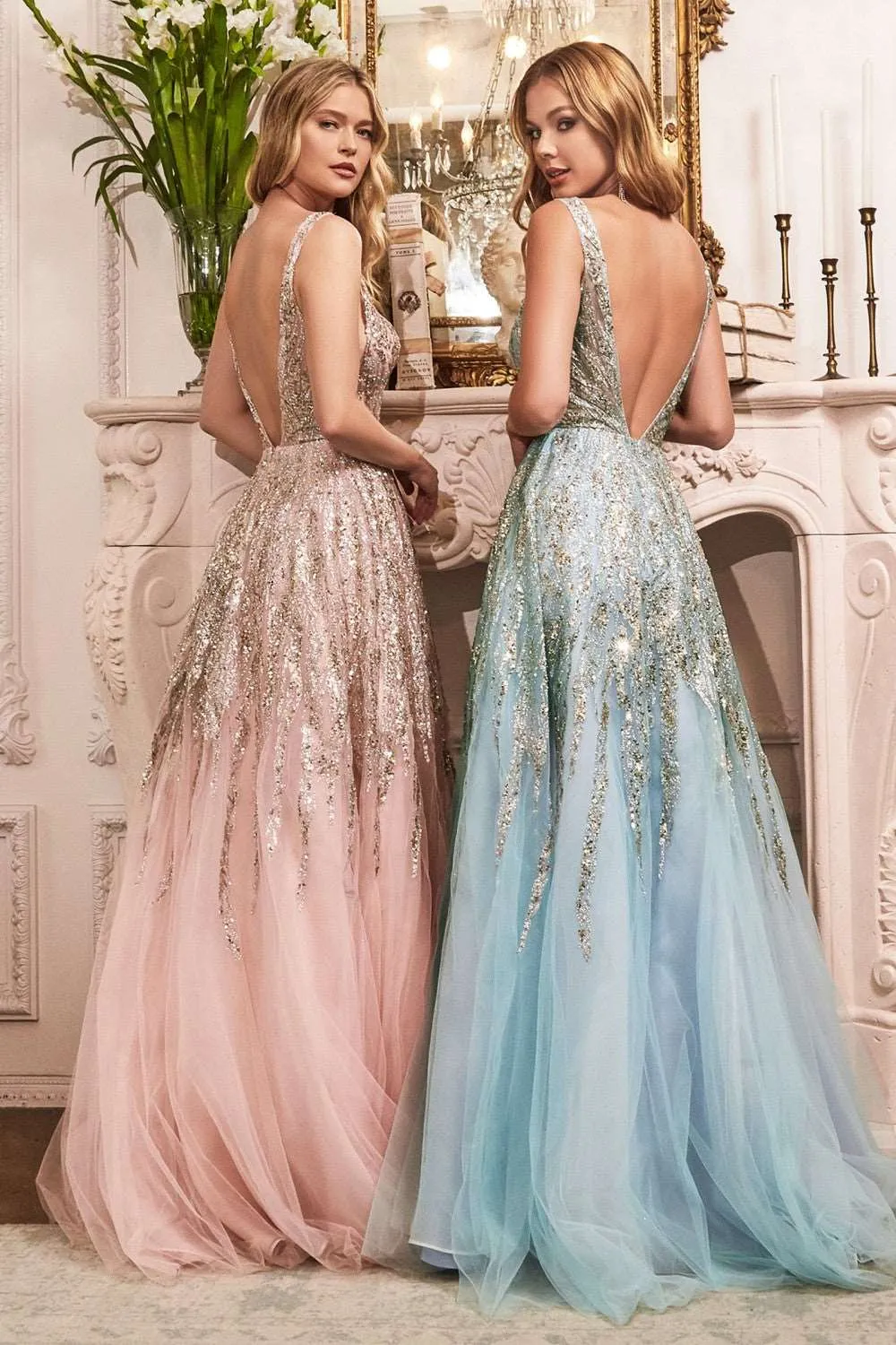 CD C135 - Beaded Glitter Print A-Line Prom Gown with V-Neck Cut Out Illusion Sides & Open Back