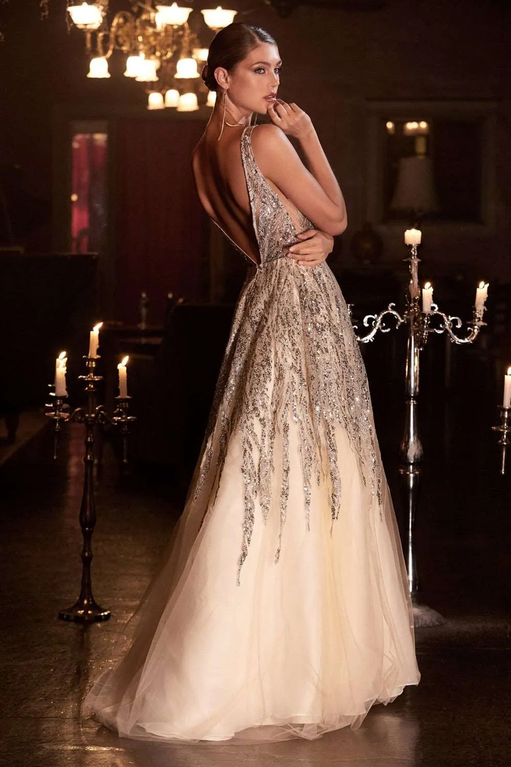 CD C135 - Beaded Glitter Print A-Line Prom Gown with V-Neck Cut Out Illusion Sides & Open Back