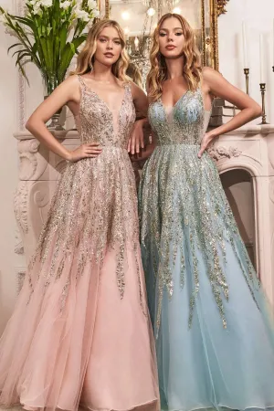 CD C135 - Beaded Glitter Print A-Line Prom Gown with V-Neck Cut Out Illusion Sides & Open Back