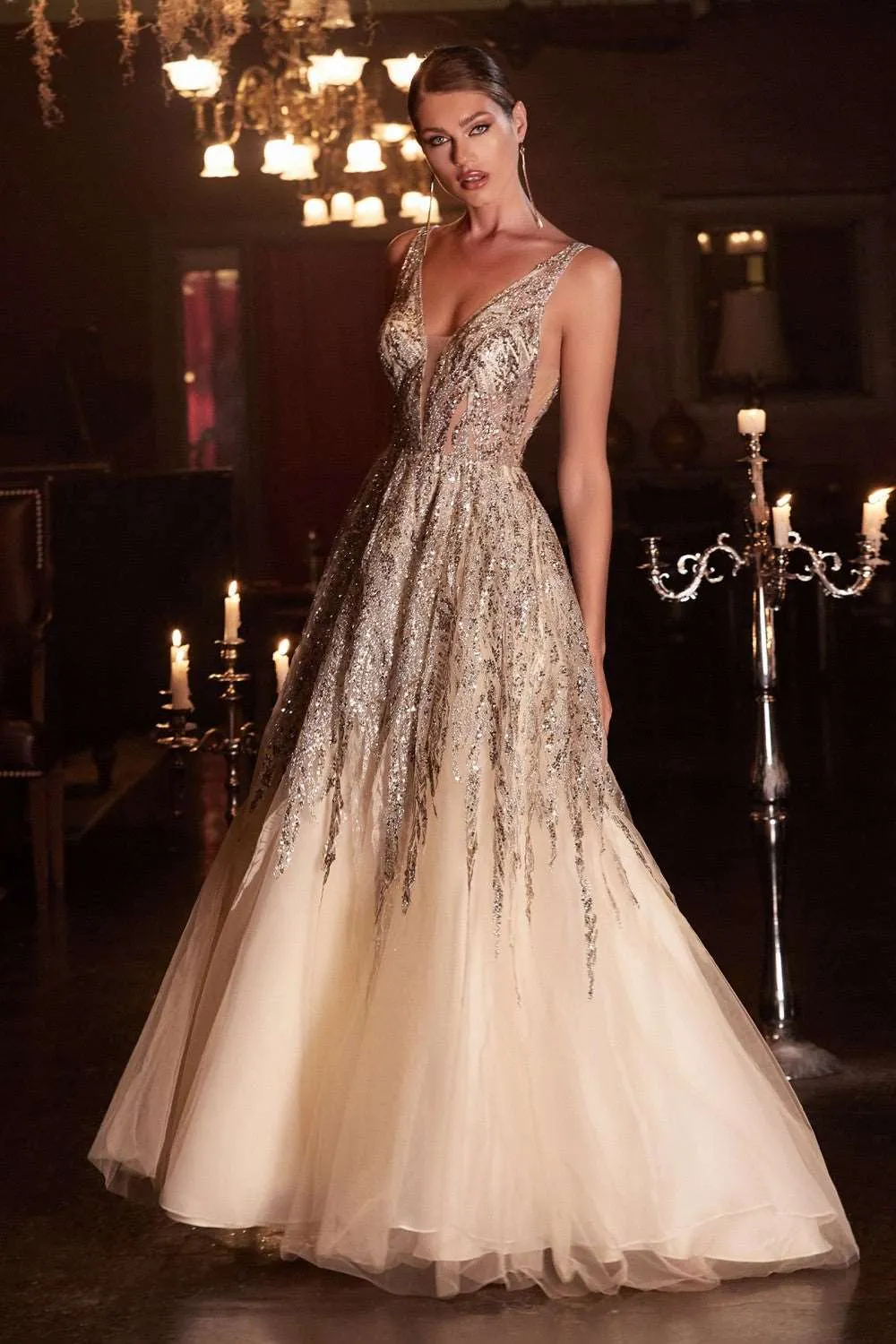 CD C135 - Beaded Glitter Print A-Line Prom Gown with V-Neck Cut Out Illusion Sides & Open Back