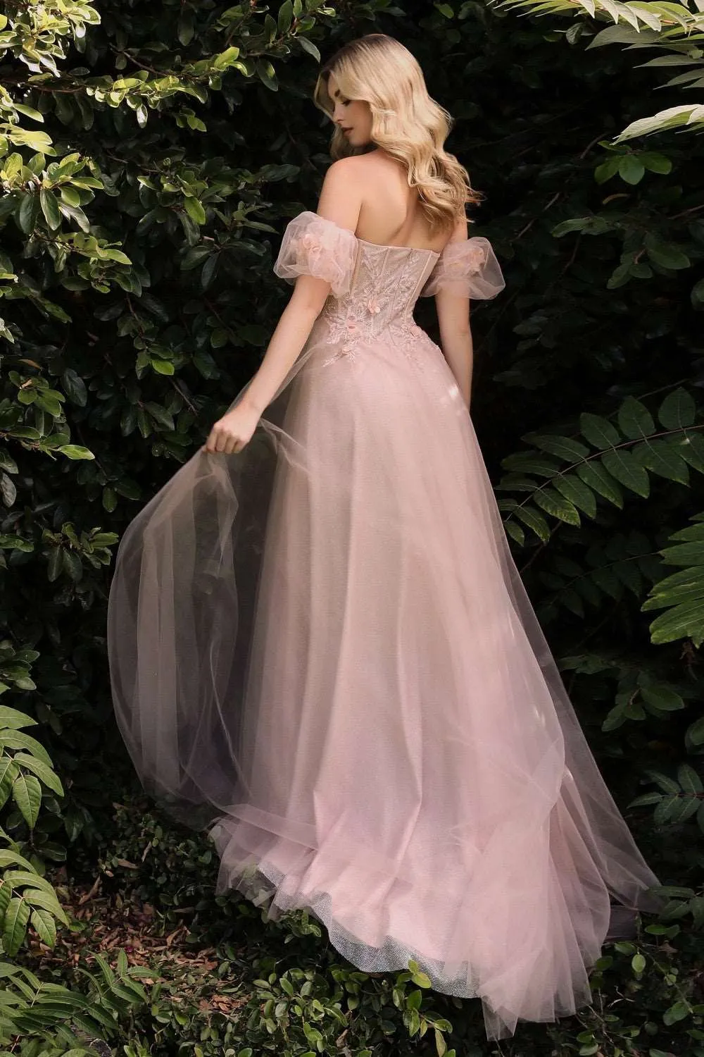 CD CB080 -Strapless A-Line Prom Gown with Sheer 3D Floral V-Neck Boned Bodice Removeable Puff Sleeves Layered Luminescent Tulle Skirt & High Leg Slit