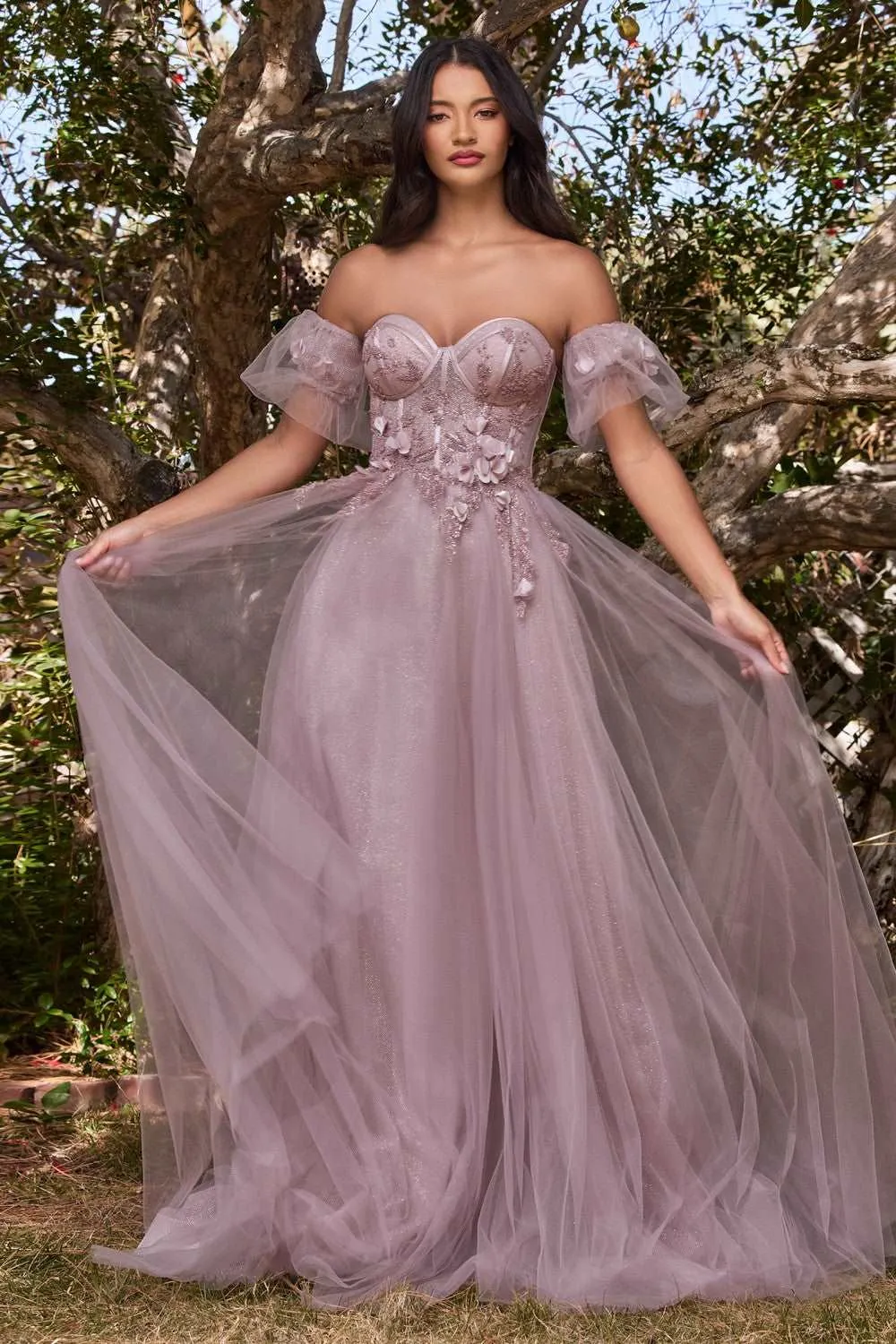 CD CB080 -Strapless A-Line Prom Gown with Sheer 3D Floral V-Neck Boned Bodice Removeable Puff Sleeves Layered Luminescent Tulle Skirt & High Leg Slit