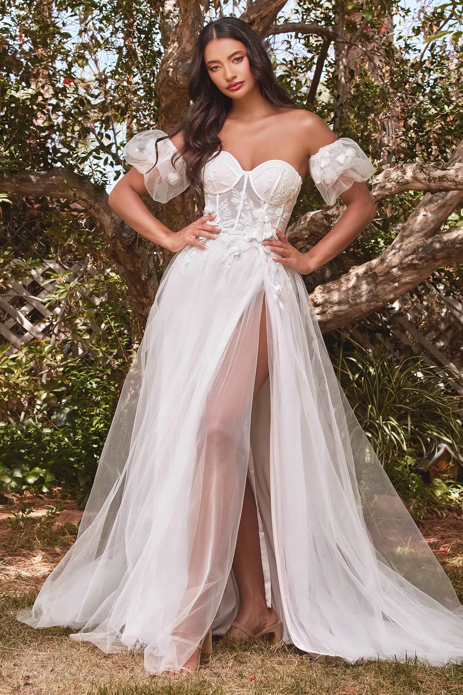 CD CB080W - Strapless A-Line Wedding Gown with Sheer 3D Floral Boned Bodice Puff Sleeves Layered Tulle Skirt & Leg Slit