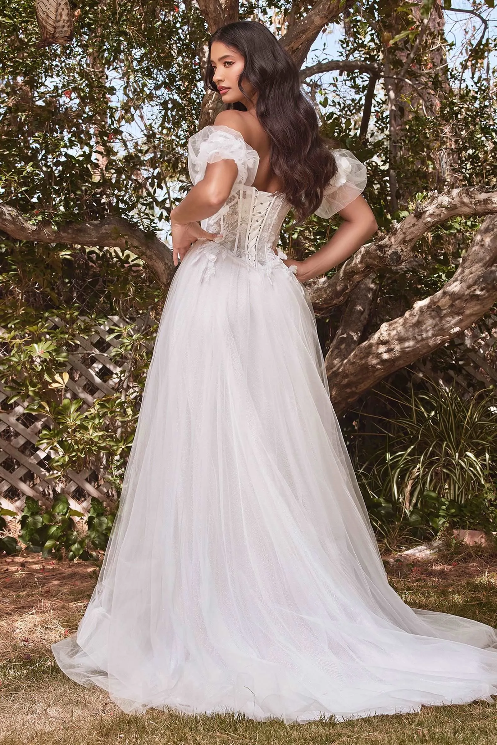 CD CB080W - Strapless A-Line Wedding Gown with Sheer 3D Floral Boned Bodice Puff Sleeves Layered Tulle Skirt & Leg Slit