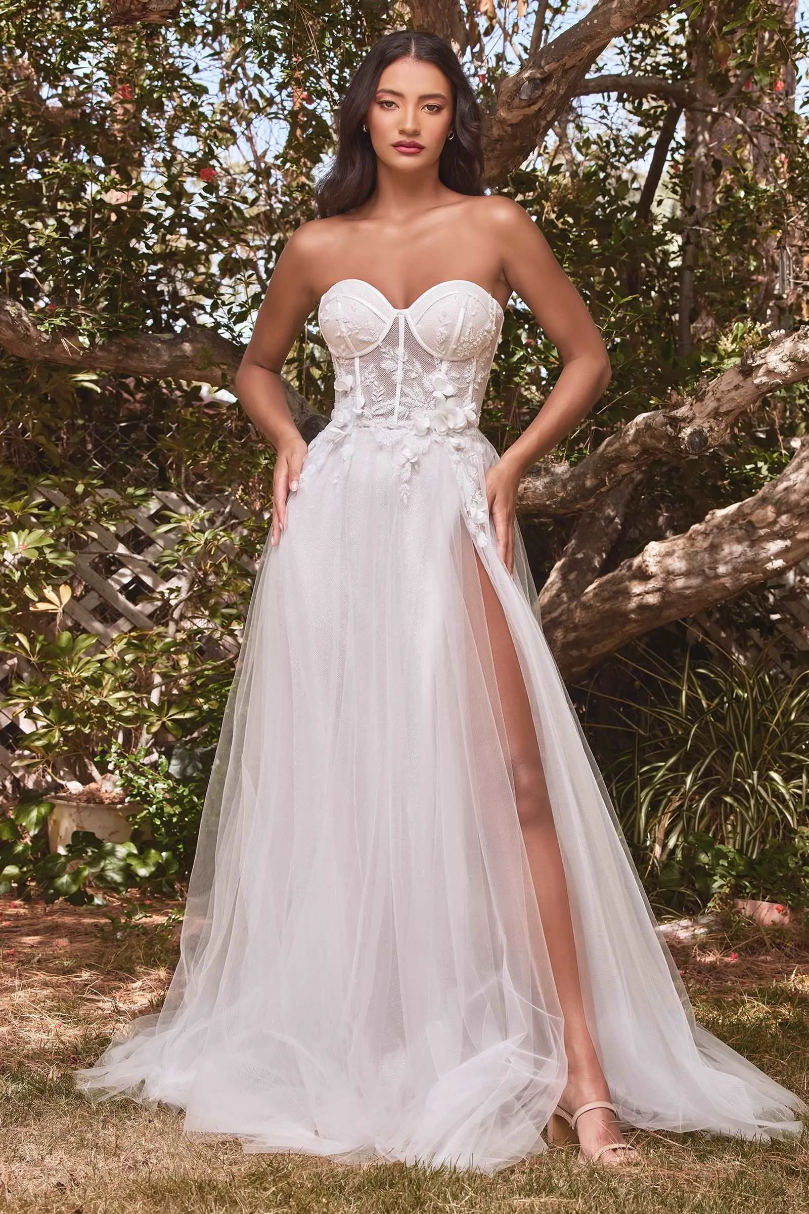 CD CB080W - Strapless A-Line Wedding Gown with Sheer 3D Floral Boned Bodice Puff Sleeves Layered Tulle Skirt & Leg Slit