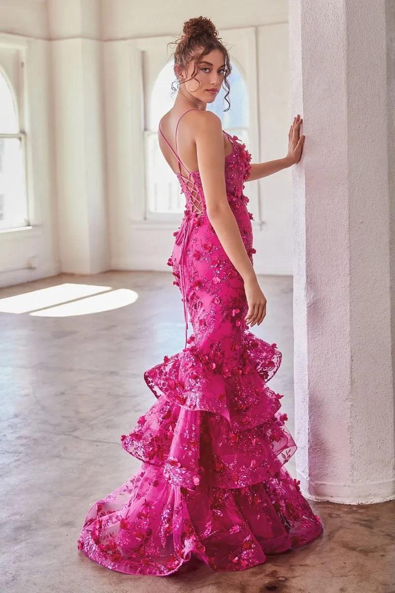 CD CC2288 - Dimensional Floral Applique Mermaid Prom Gown with sheer Boned V-Neck Corset Bodice Open Lac Up Corset Back & Layered Ruffle Skirt