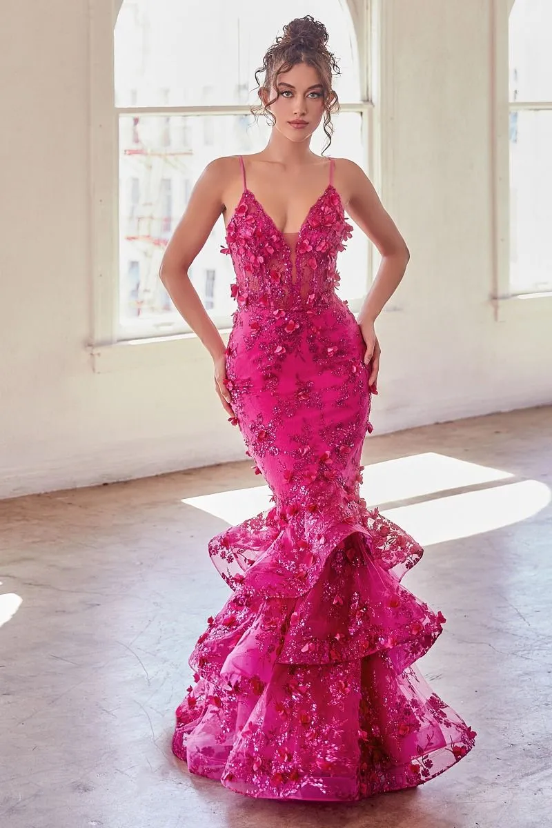 CD CC2288 - Dimensional Floral Applique Mermaid Prom Gown with sheer Boned V-Neck Corset Bodice Open Lac Up Corset Back & Layered Ruffle Skirt