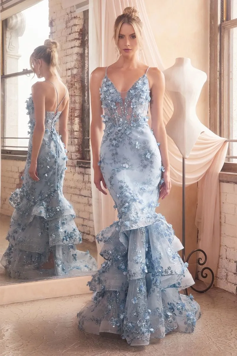CD CC2288 - Dimensional Floral Applique Mermaid Prom Gown with sheer Boned V-Neck Corset Bodice Open Lac Up Corset Back & Layered Ruffle Skirt