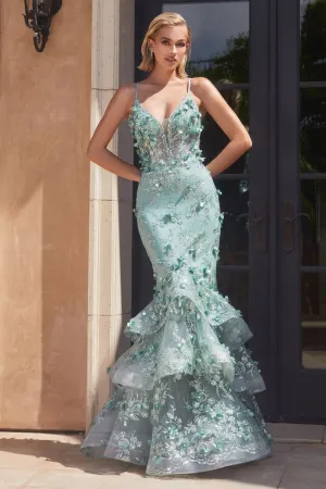 CD CC2288 - Dimensional Floral Applique Mermaid Prom Gown with sheer Boned V-Neck Corset Bodice Open Lac Up Corset Back & Layered Ruffle Skirt