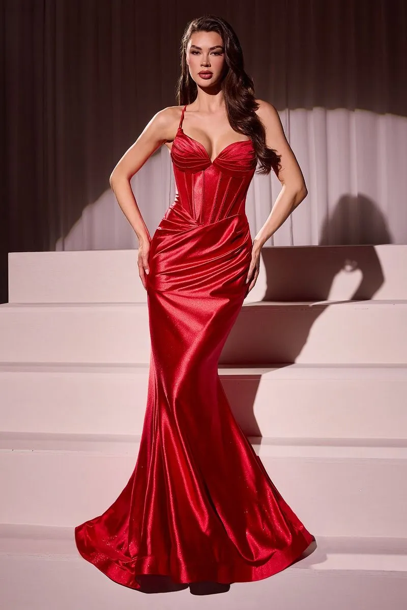 CD CC2397 - Stretch Glitter Satin Fit & Flare Prom Gown with Structured Bodice Sheer Side Cutouts & Corset Back