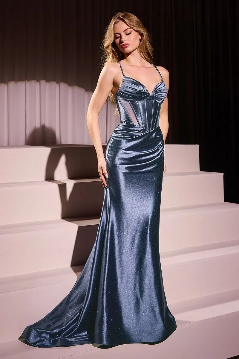 CD CC2397 - Stretch Glitter Satin Fit & Flare Prom Gown with Structured Bodice Sheer Side Cutouts & Corset Back