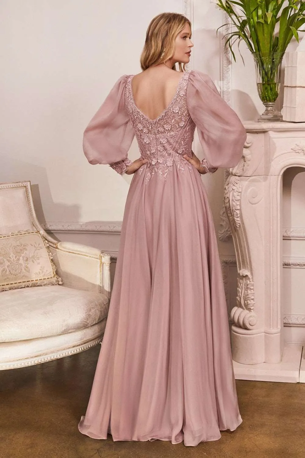 CD CD0183 - Detailed Long Sleeve A-Line Formal Gown with Layered Lace Applique Bodice & Flowy Chiffon Skirt