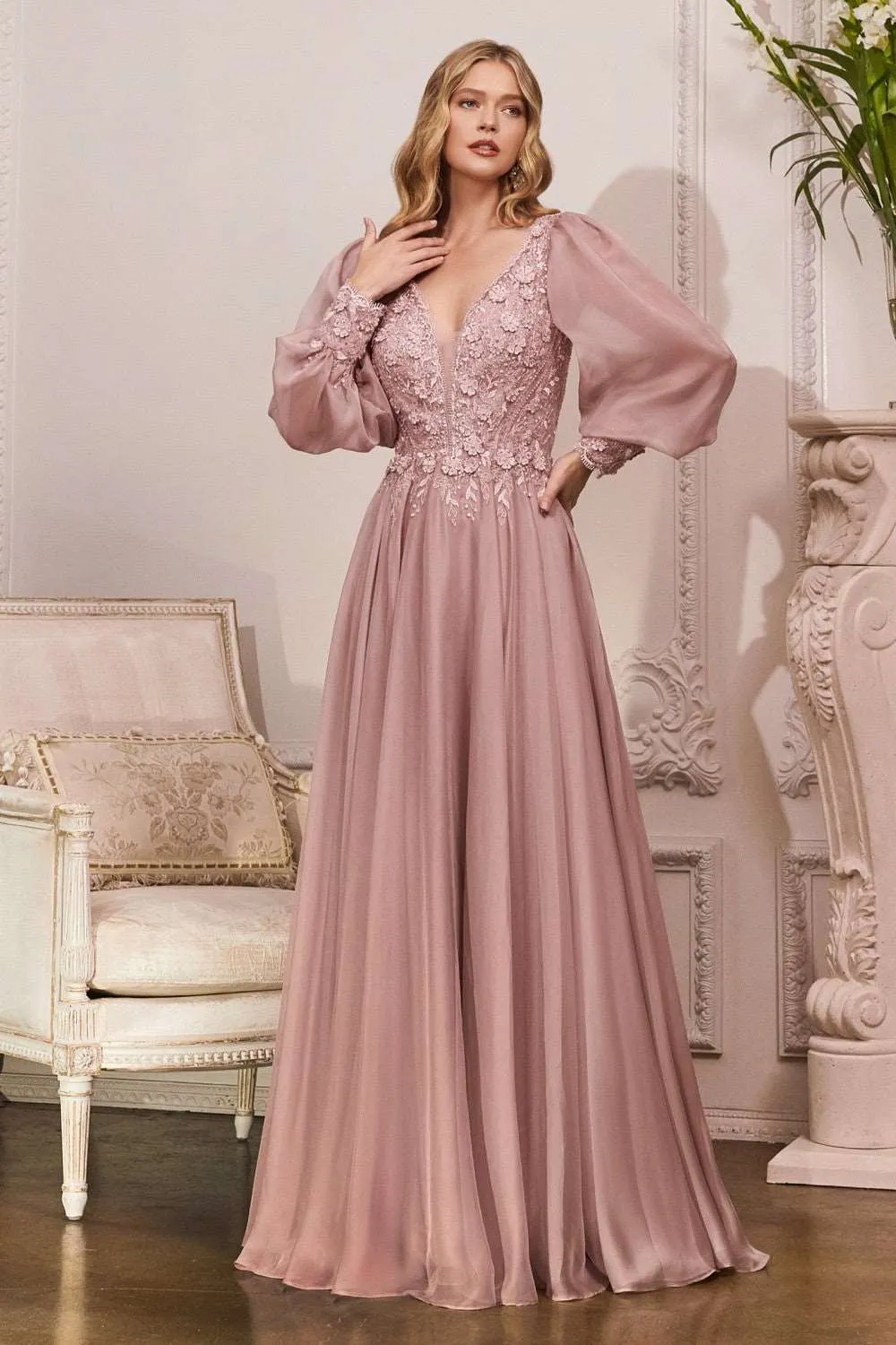 CD CD0183 - Detailed Long Sleeve A-Line Formal Gown with Layered Lace Applique Bodice & Flowy Chiffon Skirt