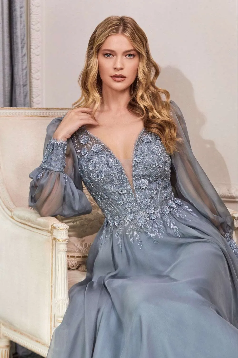 CD CD0183 - Detailed Long Sleeve A-Line Formal Gown with Layered Lace Applique Bodice & Flowy Chiffon Skirt