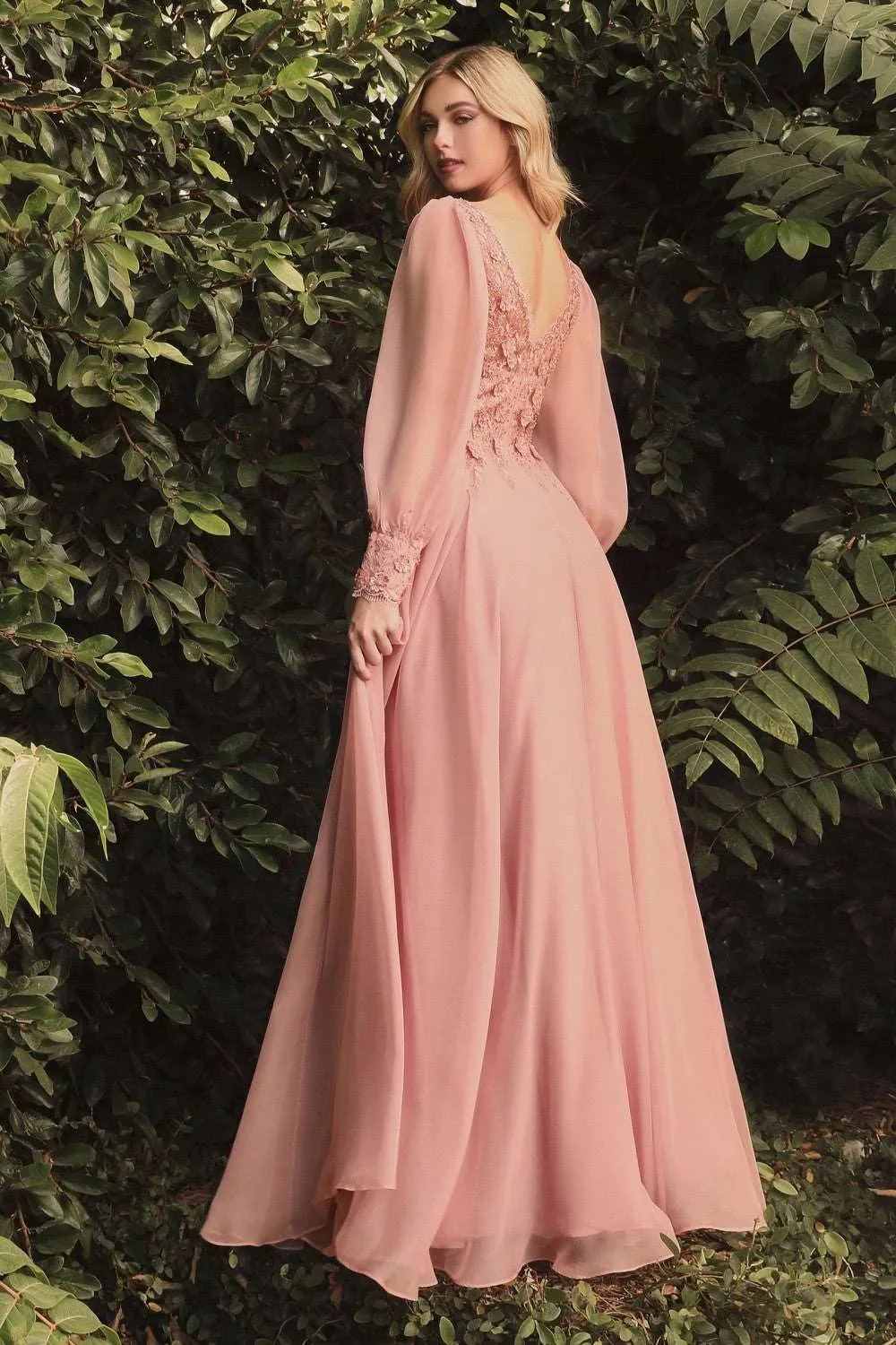 CD CD0183 - Detailed Long Sleeve A-Line Formal Gown with Layered Lace Applique Bodice & Flowy Chiffon Skirt