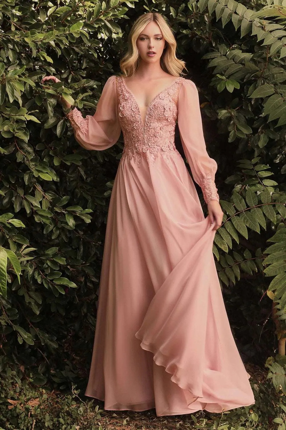 CD CD0183 - Detailed Long Sleeve A-Line Formal Gown with Layered Lace Applique Bodice & Flowy Chiffon Skirt