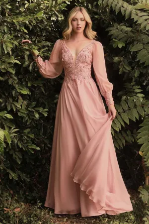 CD CD0183 - Detailed Long Sleeve A-Line Formal Gown with Layered Lace Applique Bodice & Flowy Chiffon Skirt