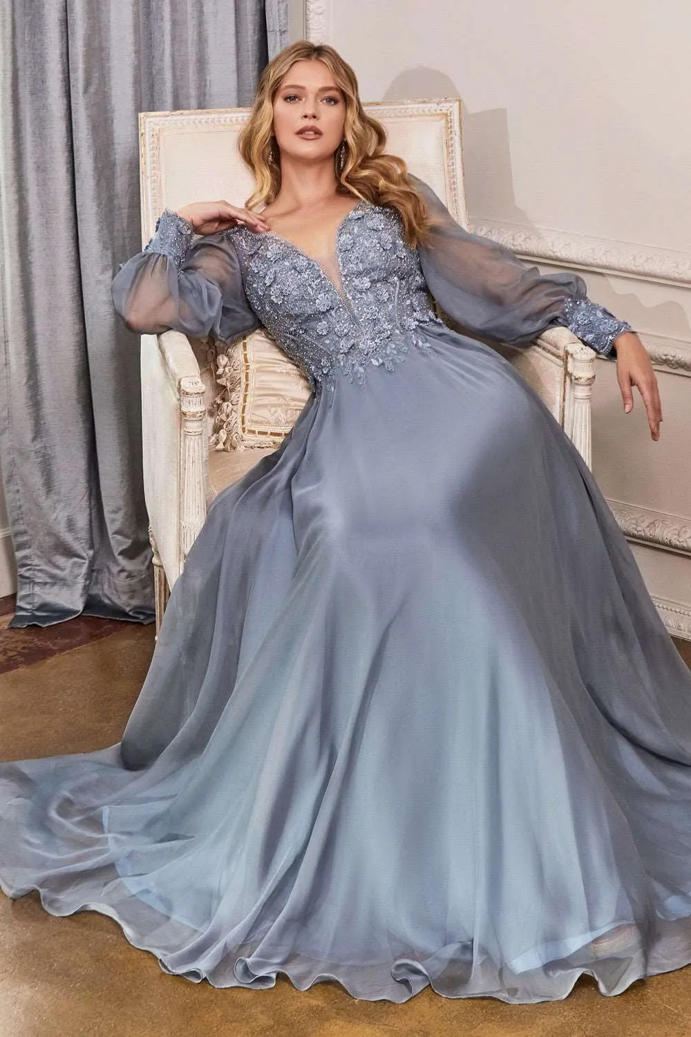 CD CD0183 - Detailed Long Sleeve A-Line Formal Gown with Layered Lace Applique Bodice & Flowy Chiffon Skirt