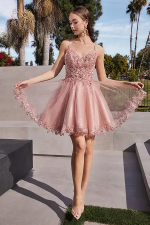 CD CD0213 - Short Glitter Tulle Bead Embellished A-Line Homecoming Dress with Lace Detailed Hemline