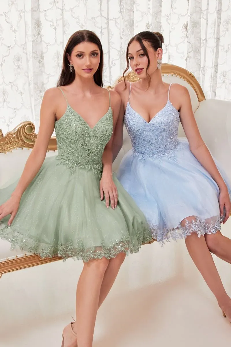 CD CD0213 - Short Glitter Tulle Bead Embellished A-Line Homecoming Dress with Lace Detailed Hemline