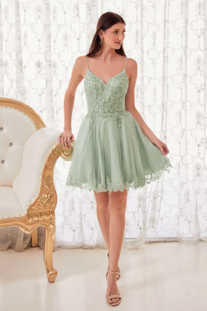 CD CD0213 - Short Glitter Tulle Bead Embellished A-Line Homecoming Dress with Lace Detailed Hemline