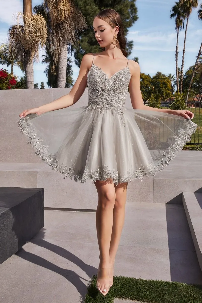 CD CD0213 - Short Glitter Tulle Bead Embellished A-Line Homecoming Dress with Lace Detailed Hemline