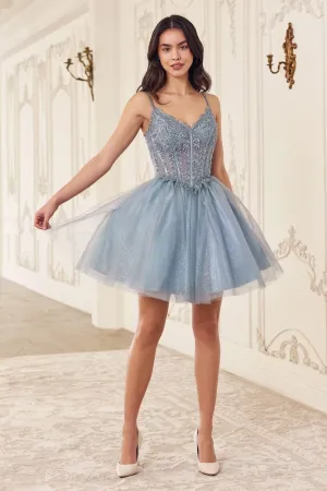 CD CD0236 - Short Layered Glitter Tulle A-line Homecoming Dress with Sheer Beaded Lace Appliqued V-Neck Bodice