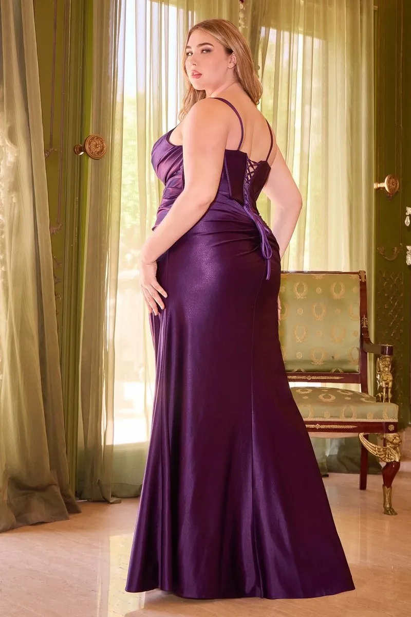 CD CD349C - Plus Size Stretch Satin Fit & Flare Prom Gown with Rhinestone Embellished Boned Corset Bodice Open Lace Up Back Leg Slit & Side Sash