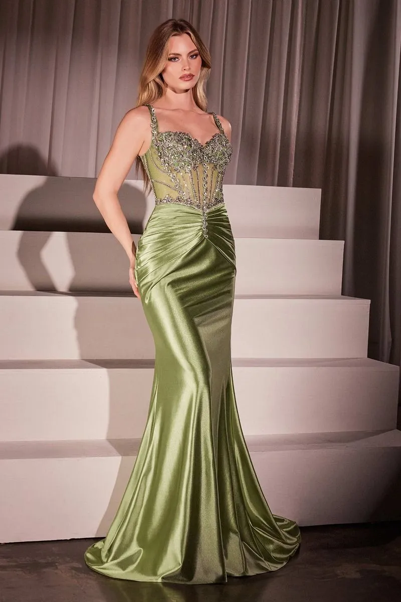 CD CD757 - Satin Fit & Flare Prom Gown with Sheer Crystal Embellished Bodice & Gathered Waist