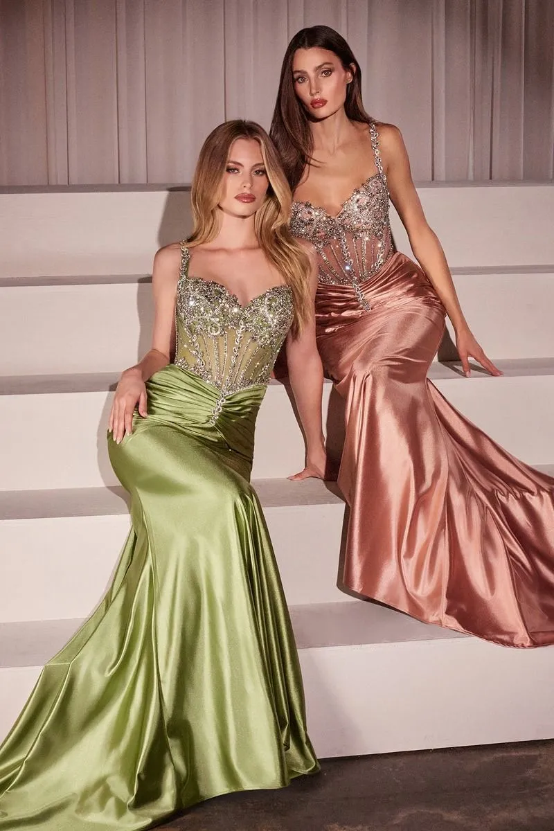 CD CD757 - Satin Fit & Flare Prom Gown with Sheer Crystal Embellished Bodice & Gathered Waist