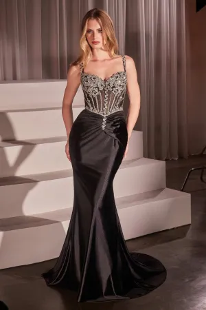 CD CD757 - Satin Fit & Flare Prom Gown with Sheer Crystal Embellished Bodice & Gathered Waist