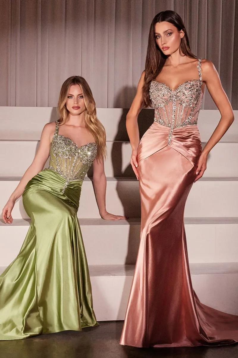 CD CD757 - Satin Fit & Flare Prom Gown with Sheer Crystal Embellished Bodice & Gathered Waist