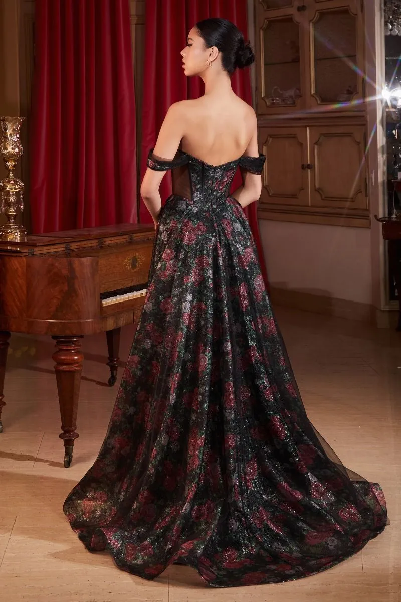 CD CD806 - Off the Shoulder Ball Gown with Sheer Underarms Boned Bodice & Floral Underlay Fabric